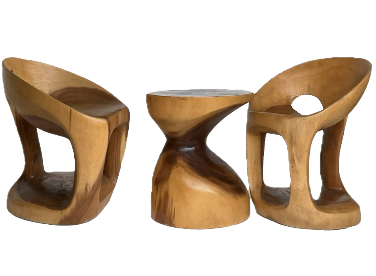SET: STOOL & COFEE TABLE, SINGLE PIECE OF WOOD, BEATIFUL DINAMIC LINE. BOXES 272-277.  STOOL- (L*W*H) 46*42*66 cm.; COFEE TABLE- ( L*W*H) 45*40*40 cm. 2 set .  