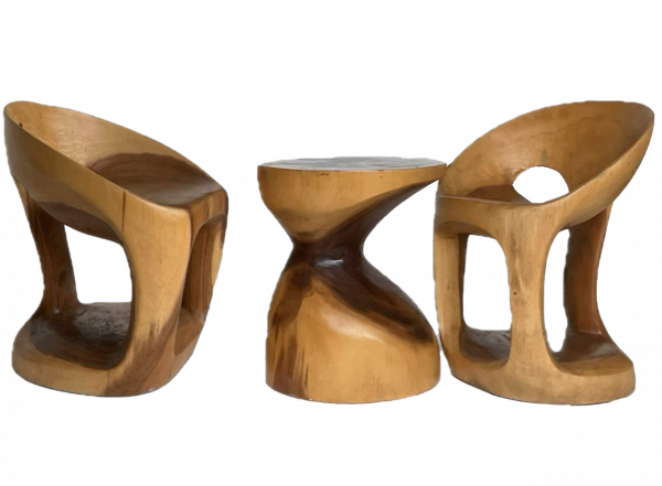 SET: STOOL & COFEE TABLE, SINGLE PIECE OF WOOD, BEATIFUL DINAMIC LINE. BOXES 272-277.  STOOL- (L*W*H) 46*42*66 cm.; COFEE TABLE- ( L*W*H) 45*40*40 cm. 2 set .  
